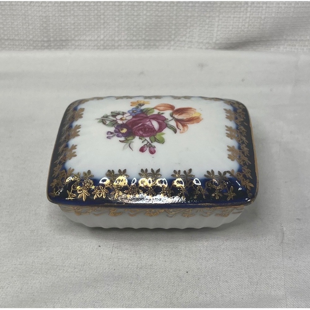 Vintage GDR East Germany Porcelain Trinket Box Cobalt Blue Gold Floral Jewelry